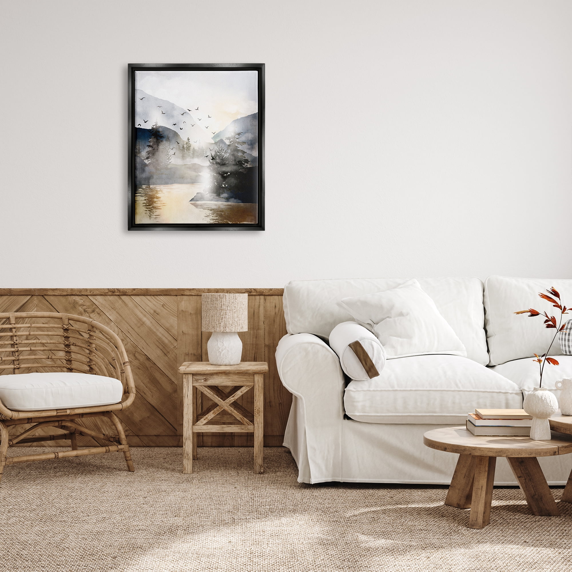 Stupell Flying Birds Mountain Lake View Landscape Painting Black Floater Framed Art Print Wall Art