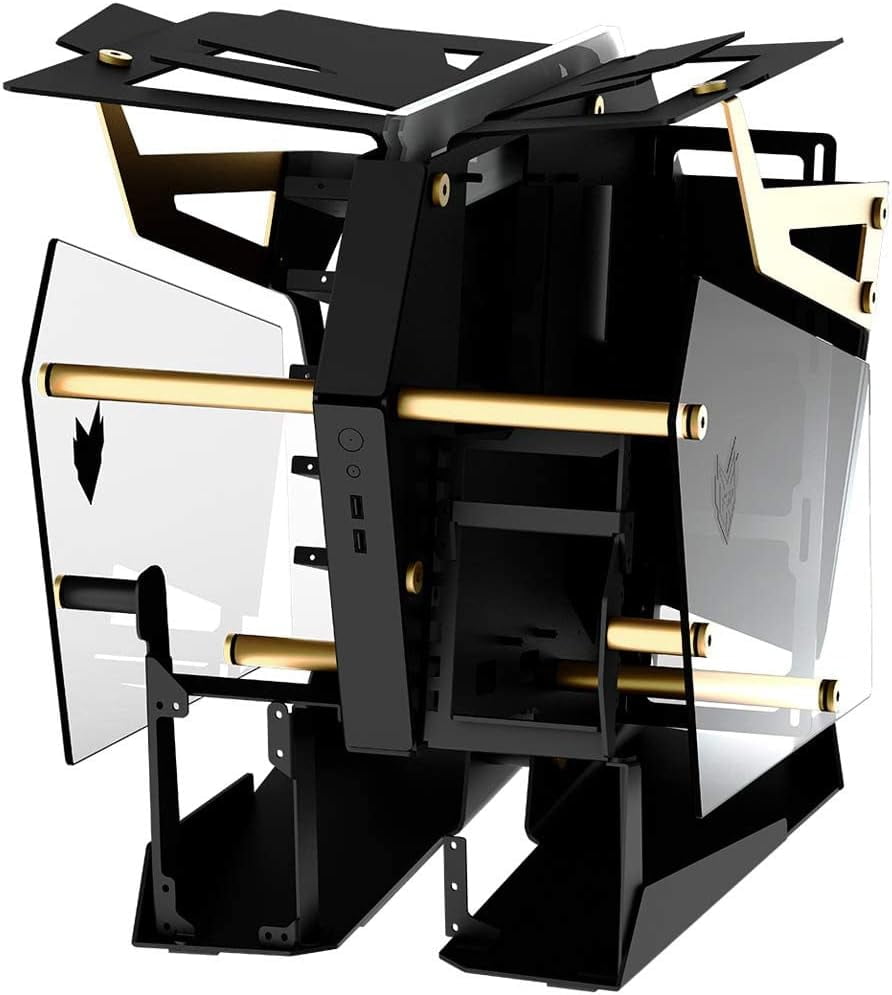 FSP Open Frame Gaming Streaming Case EATX/ATX/Mini- ITX, Dual-System, with 2 Tempered Glass Panels, Aluminum Case, ARGB Center Light Bar (CMT710 T-Wings Gold)
