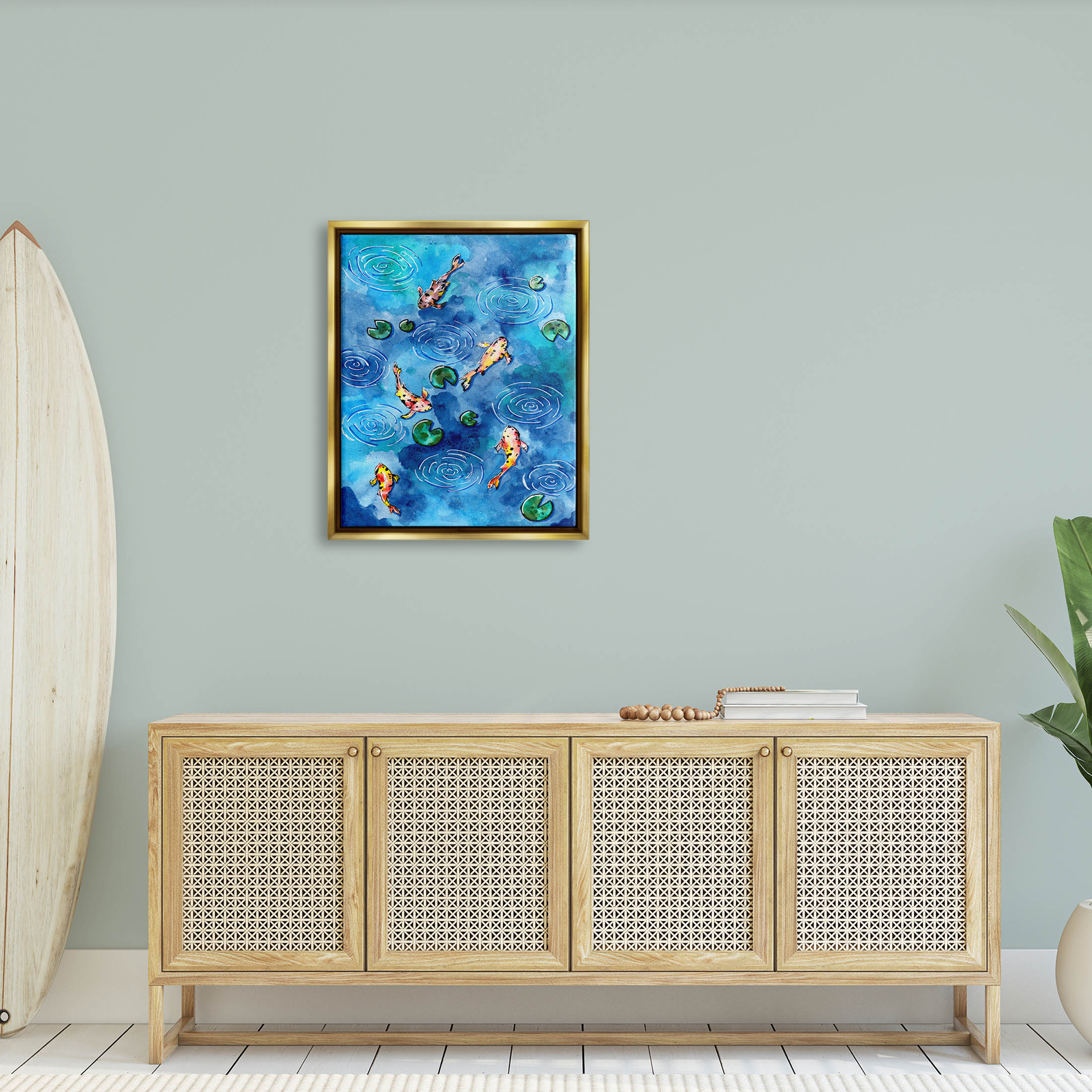 Koi Fish Ripples Pond Lilies Animals & Insects Painting Metallic Gold Framed Art Print Wall Art