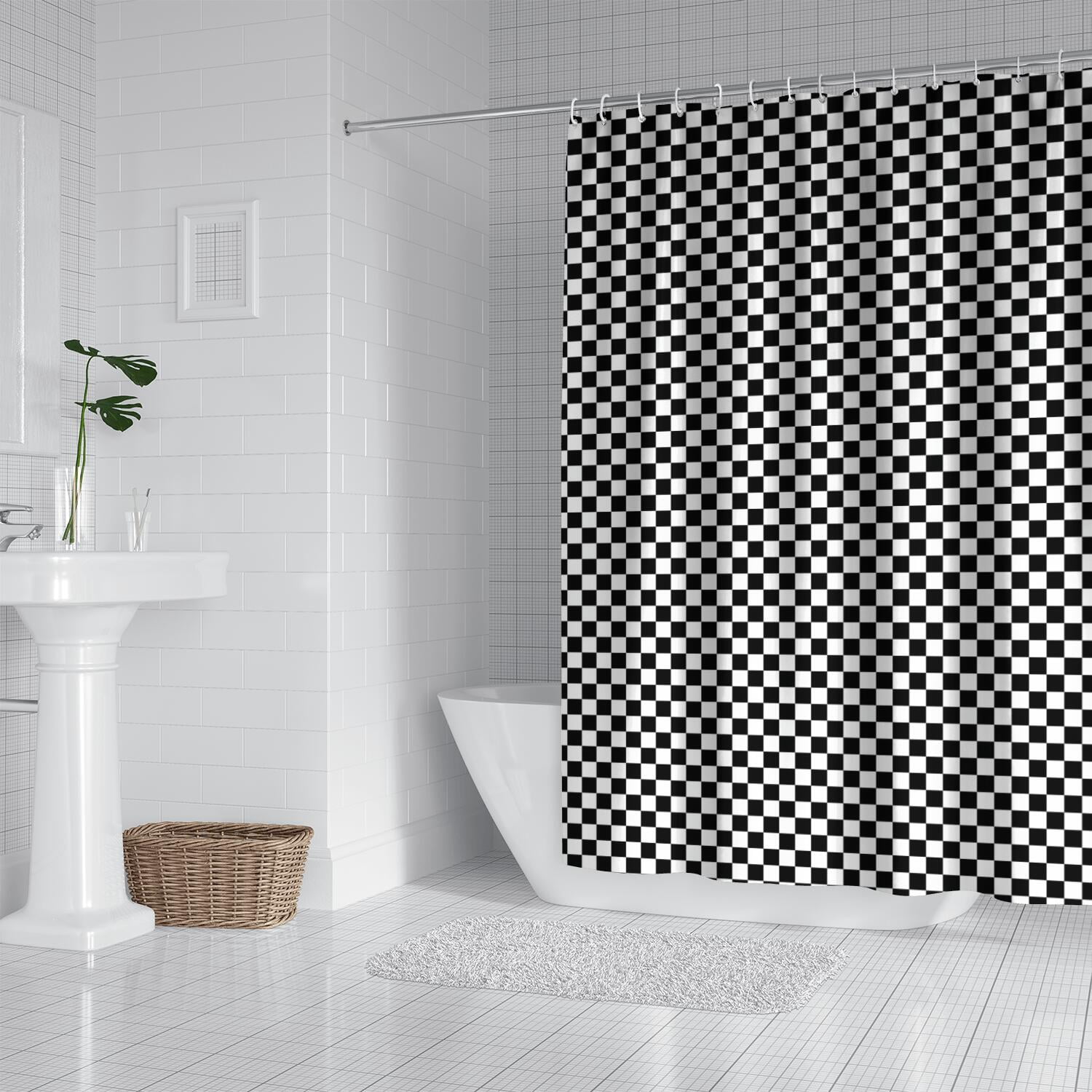 Black White Small Checkered Pattern Shower Curtain 84"x72" ,Bathroom Decorative Shower Curtains Set with 12 Hooks,Modern Waterproof Washable Shower Curtain