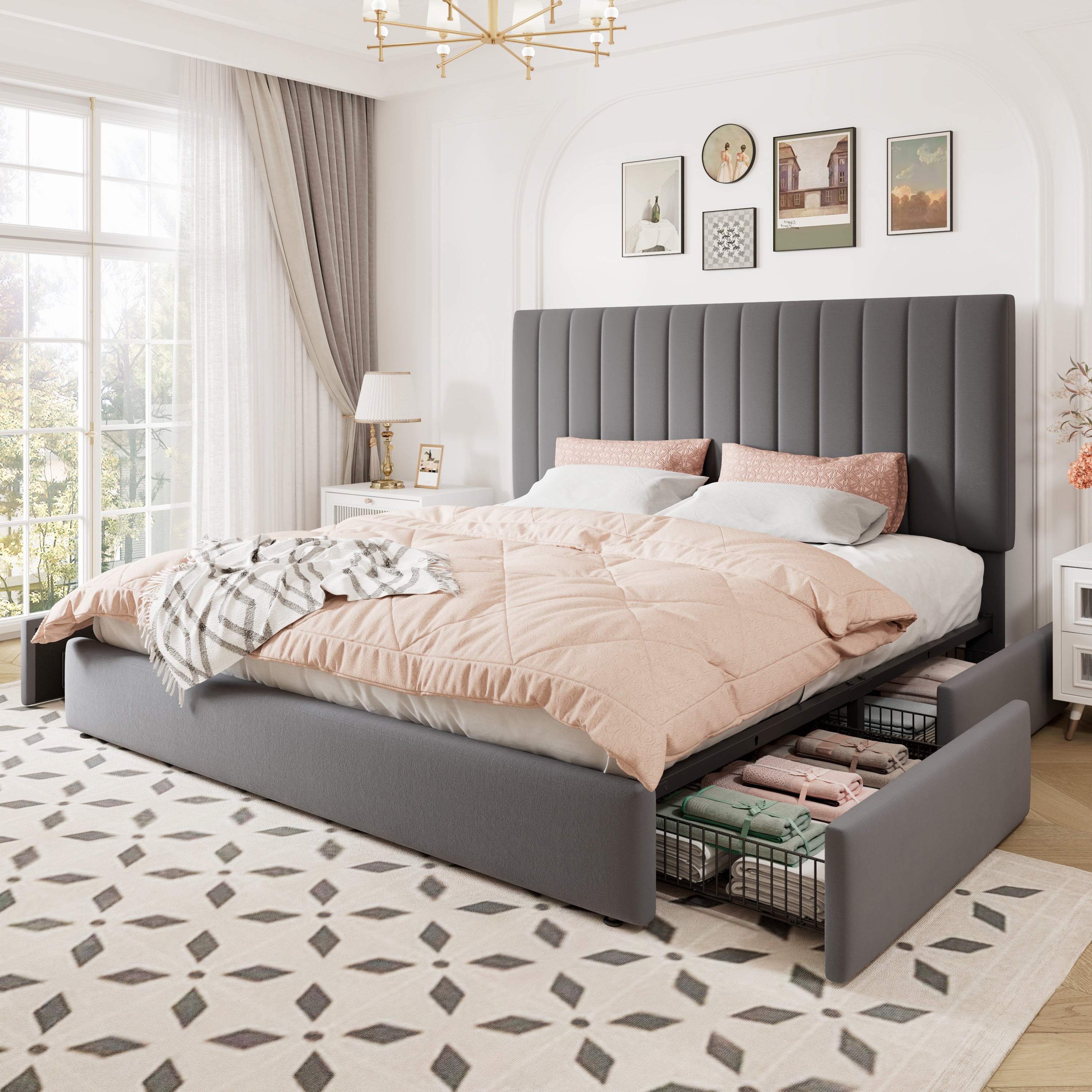 Allewie King Size Storage Bed Frame,Adjustable Headboard, Velvet Upholstered Platform Bed with 4 Oversized Underbed Drawers, Wooden Slats Support, No Box Spring Needed, Grey