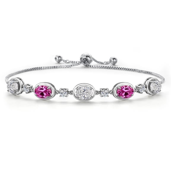 Gem Stone King 925 Sterling Silver White Lab Grown Diamond and Pink Created Sapphire Bracelet for Women | 3.90 Cttw | Gemstone April Birthstone | Oval 7X5MM | Fully Adjustable 9 inch