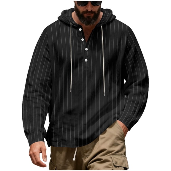 BRGZLK Men's Stripes Hoodie Fashion Long Sleeve Lightweight Drawstring Hooded Button Linen Beach Shirt Black L