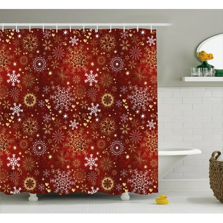 Swirl Double Old Fashioned - Winter Shower Curtain, Old Fashioned Christmas Mix with Hearts and Swirls Vintage Festive Composition, Fabric Bathroom Set with Hooks, 69W X 84L Inches Extra Long, Ruby Gold White, by Ambesonne