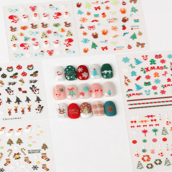 Alvantor 6 Sheets 3D Christmas Nail Stickers, Self-Adhesive Holiday Nail Art Decals, Multicolor