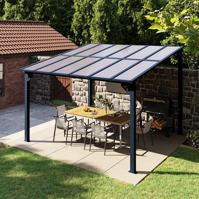Devoko 10'x10' Lean-To Gazebo - Wall-Mounted Hardtop Pergola For Patio, Deck, Or Backyard, UV-Resistant Polycarbonate