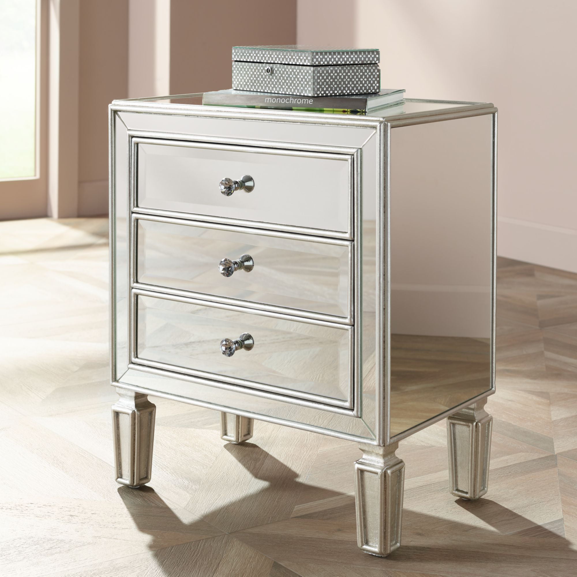 3 Drawer Clear Glass Mirrored Chest of Drawers With Beveled Edges 