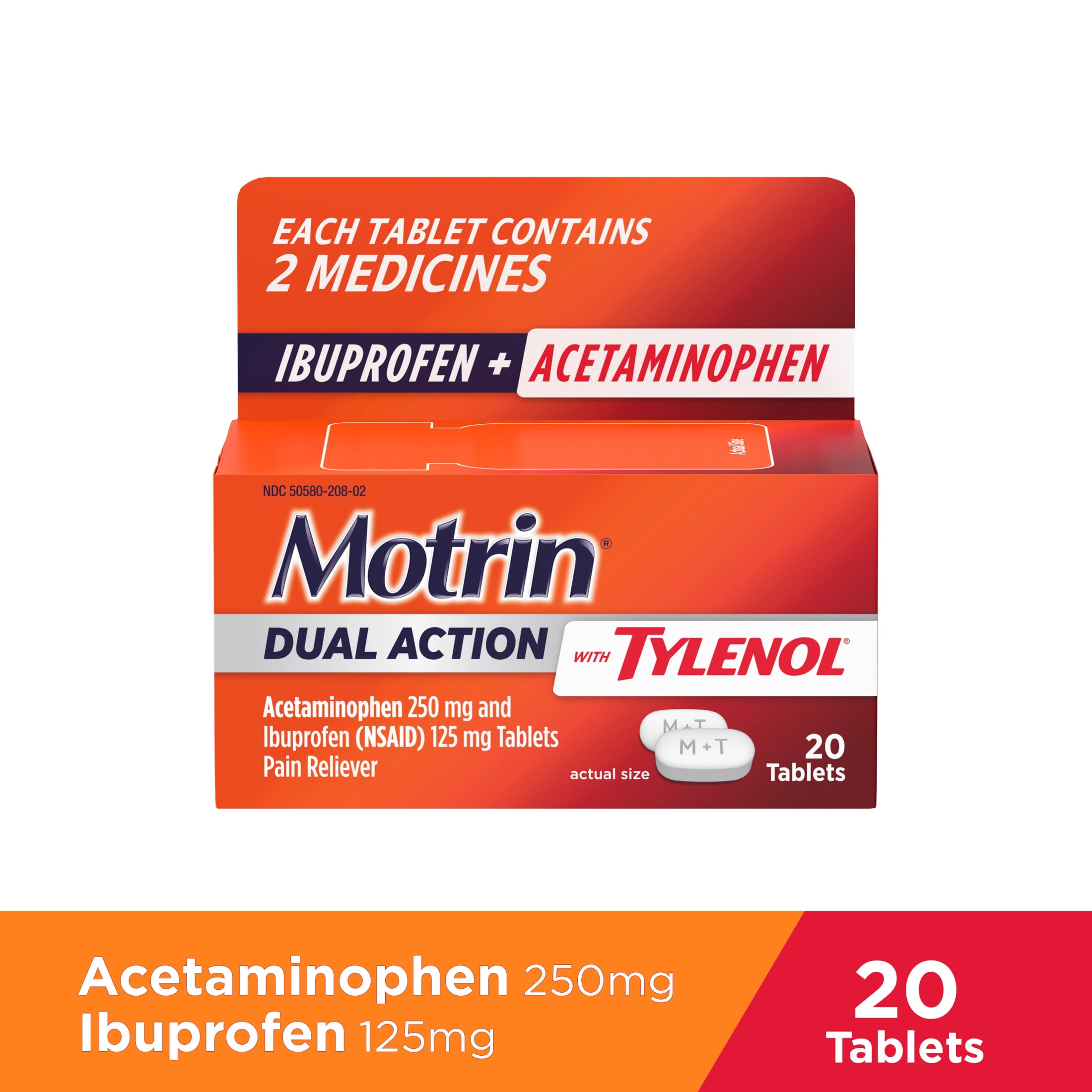 (3 pack) Motrin Dual Action with Tylenol, Ibuprofen & Acetaminophen, 20 Count