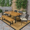 thumbnail image 3 of GDF Studio Hammersmith Outdoor Acacia Wood and Wicker 6 Piece Dining Set with Bench, Sandblasted Teak, Black, and Multibrown, 3 of 13
