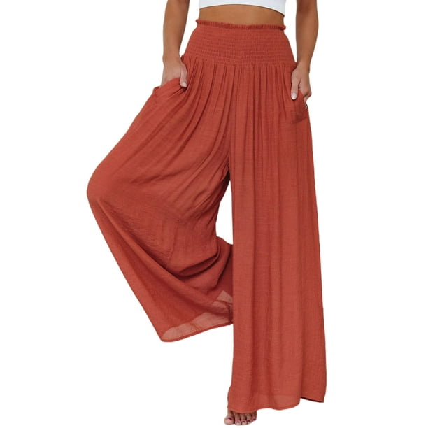 Sexy Dance Women Pants High Waist Palazzo Pant Wide Leg Bottoms Casual  Trousers Pocket Red L 