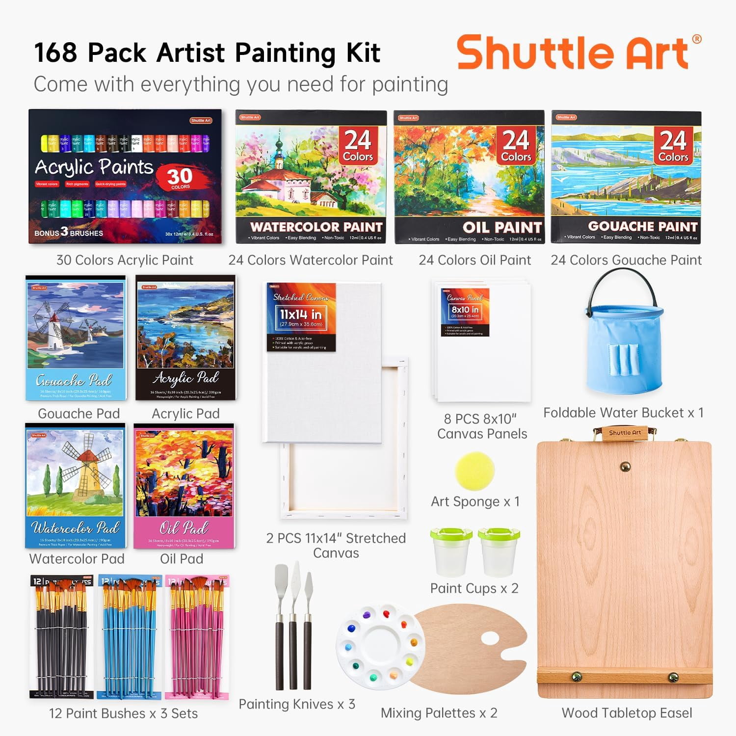Shuttle Art 168 Pcs Artist Painting Set, Deluxe Art Set with Paint, Wooden Easel, Canvas, Paper Pads, Brushes and Other Art Supplies, Complete Painting Kit for Adults and Artists