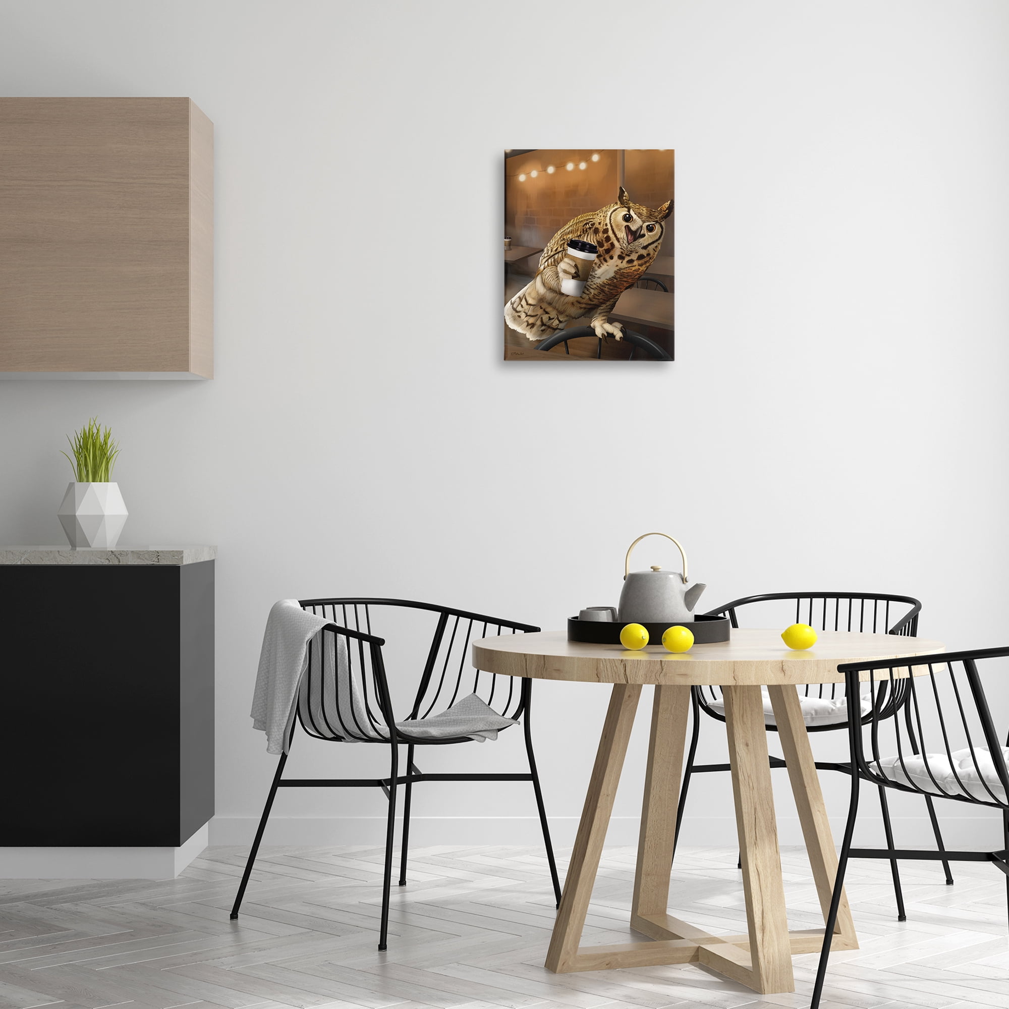 Stupell Industries Owl with Coffee Cup Food & Beverage Painting Gallery Wrapped Canvas Art Print Wall Art, 16 x 20