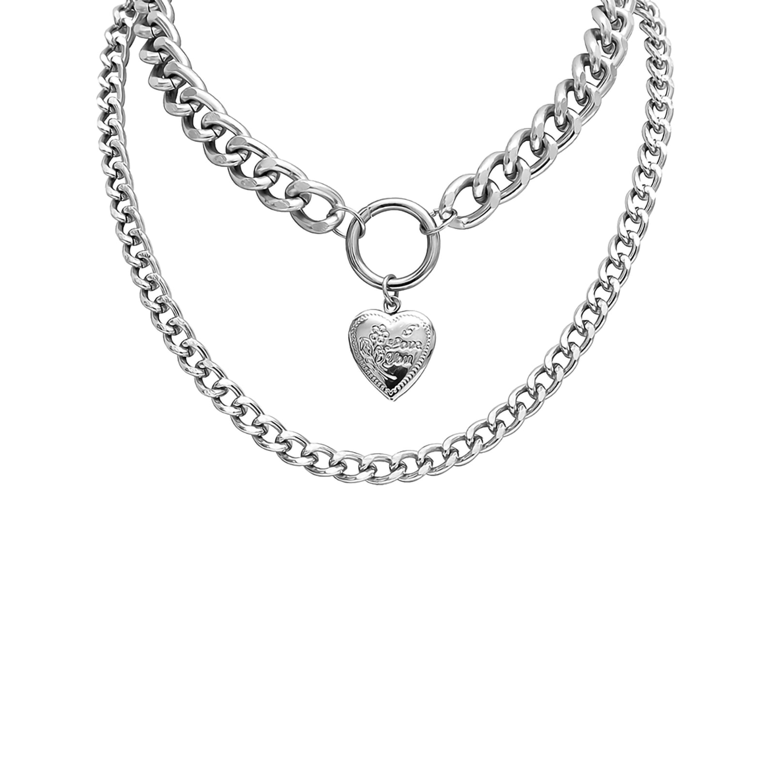 NUZYZ Necklace Thick Chain Double Layer Alloy Love Heart Pendant