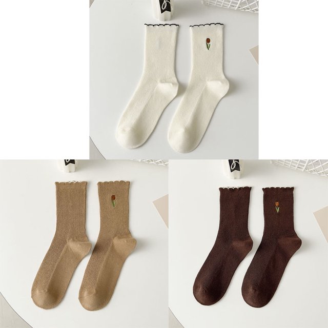 3 Pairs Of Women's Socks Set Spring And Summer Thin Breathable Ruffle Edge Socks All Cotton Cute Women's White Printed Socks B One Size