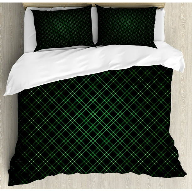 Forest Green Queen Size Duvet Cover Set, Abstract Geometric Shape on