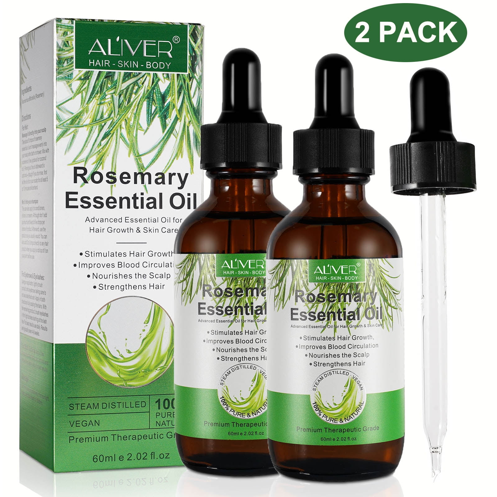 Aliver (2 Pack) Pure Rosemary Essential Oil for Hair Growth Dry Scalp Care  