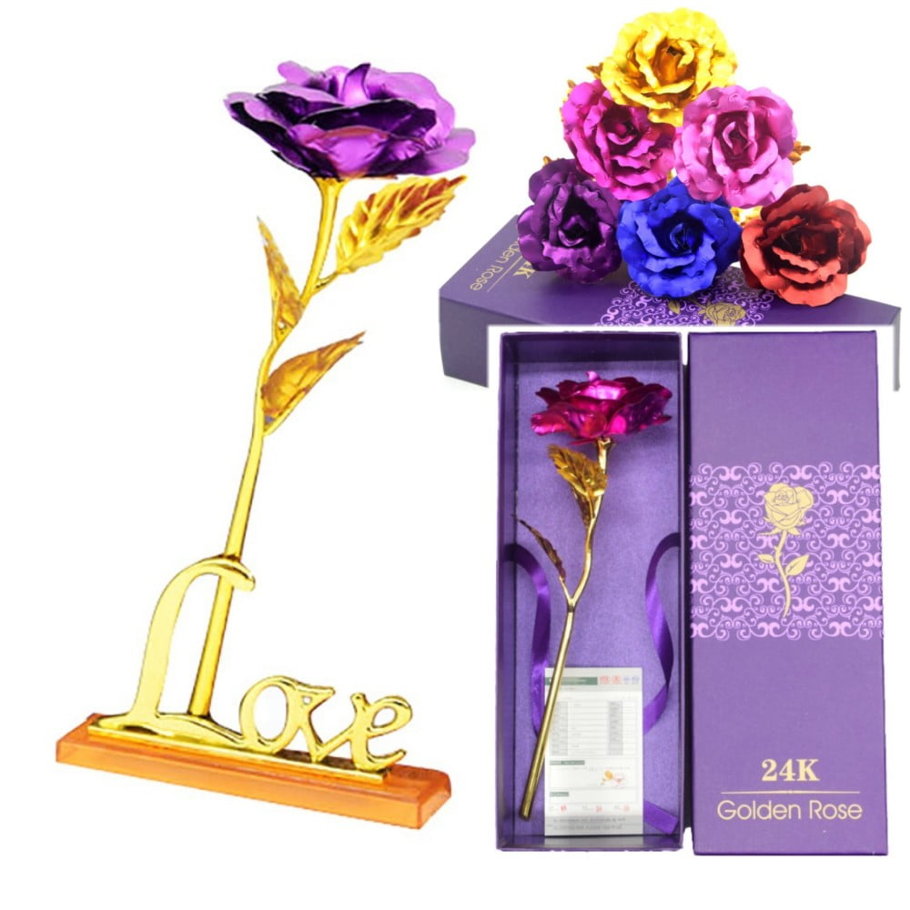 24k Gold Plated Foil Rose Flower Long Term Dipped Valentines Romantic Gift Pack 