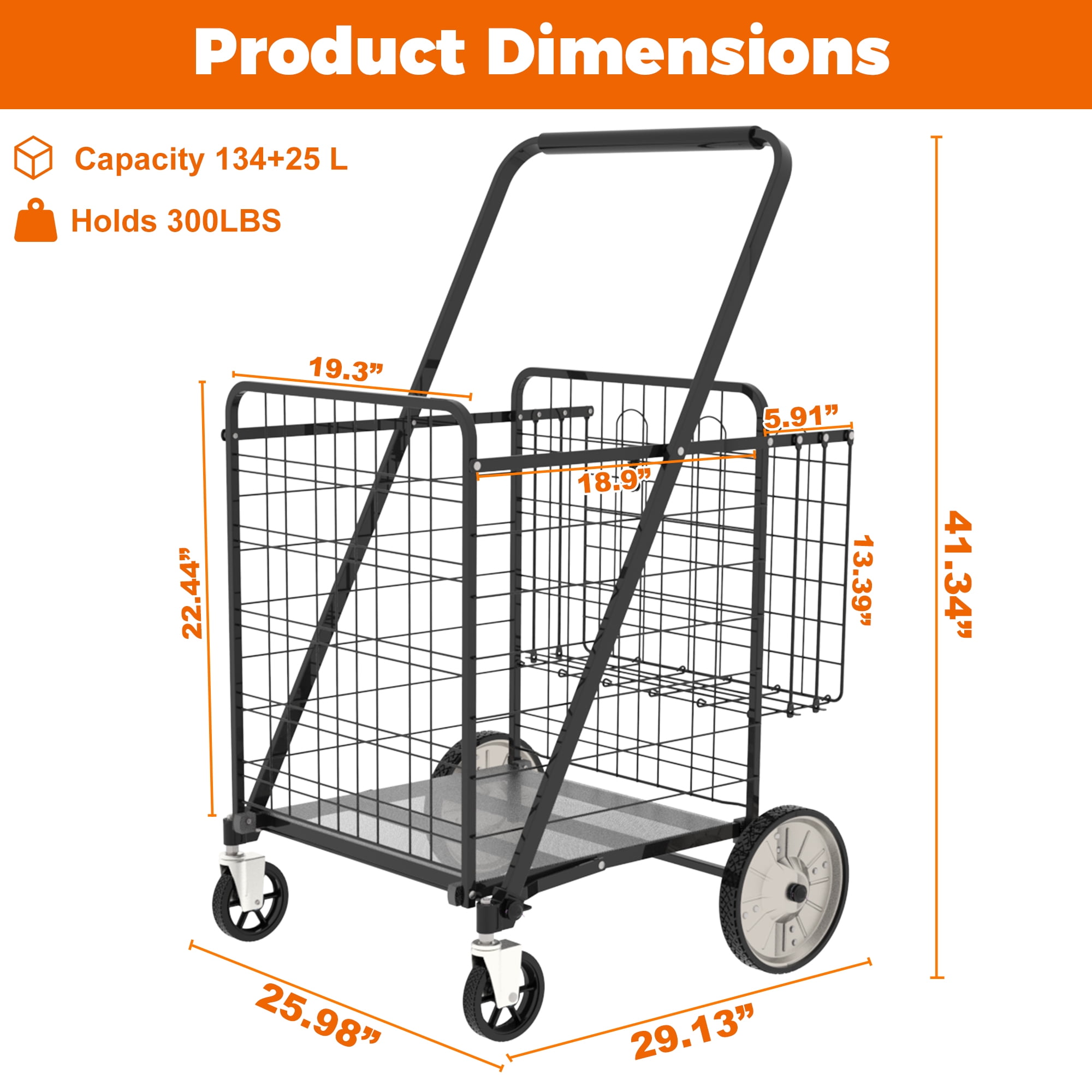 Shopping Cart,Grocery Cart on Wheels, Foldable Utility Shopping Carts with Double Basket and 360° Rolling Swivel Wheels for Groceries Laundry