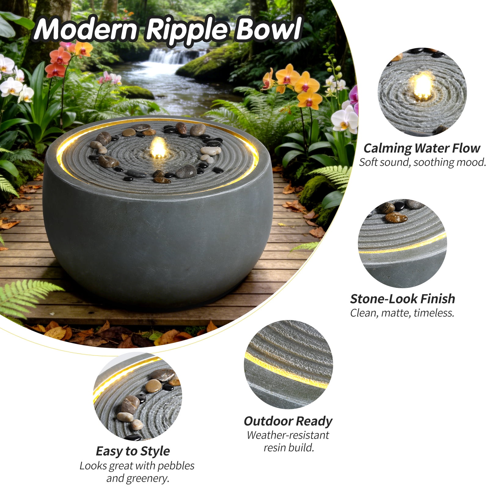 Mintazer 19.3" Modern Round Bowl Ripple Water Fountain with LED Light, Outdoor Garden Fountain with Natural River Stones for Patio Porch Backyard