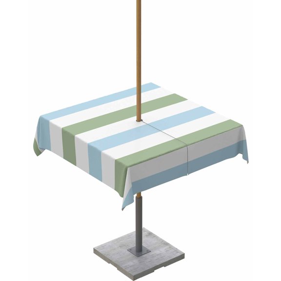 Sage Green Blue Horizontal Striped Square Tablecloth with Zipper,Waterproof Table Cloth with Umbrella Hole Patio Tablecloths for Outdoor Tables,Colorful Lines on White Washable Spillproof Table Cover