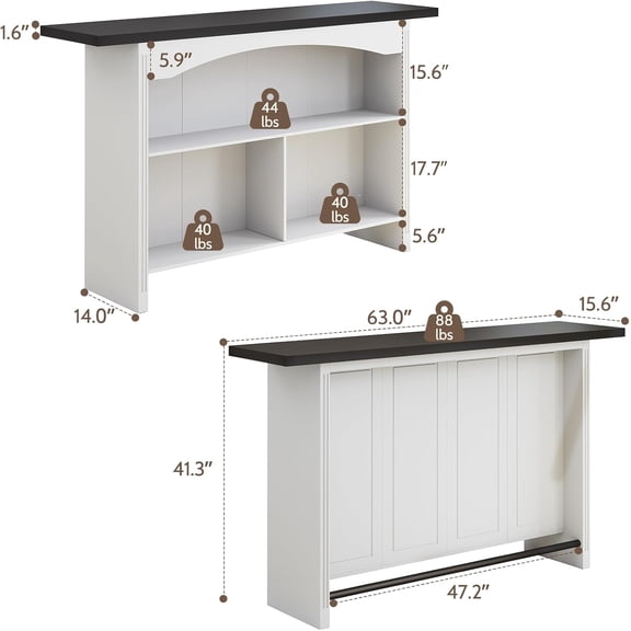 63-Inch Large Bar Table with 3 Storage Shelves, 3-Tier Home Bar Unit with Foot Rail, Basement Bar with Storage for Kitchen, Dining Room, Living Room
