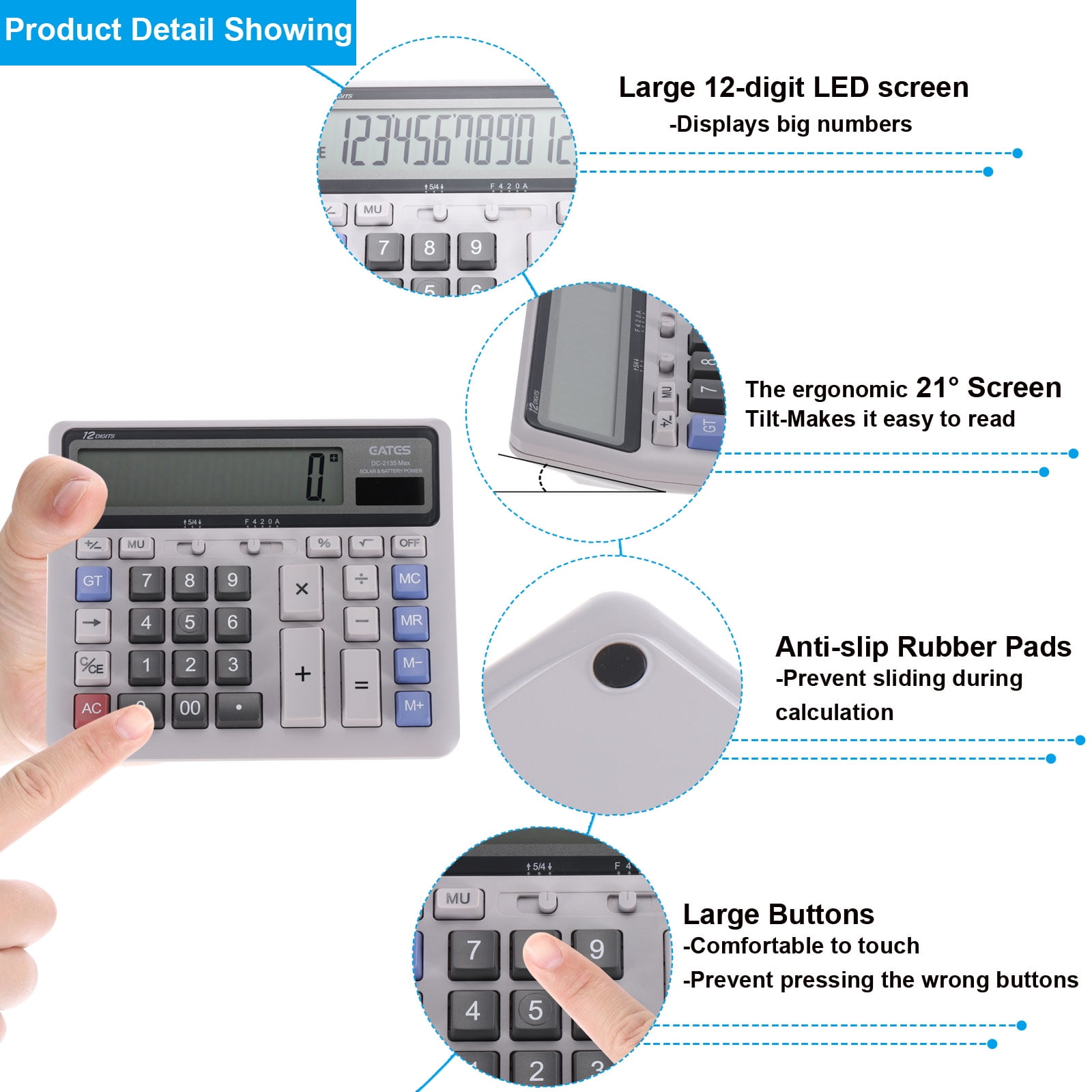 Uxcell Solar Battery Dual Powered 12 Digit Desk Calculator Electronic Calculator, Grey