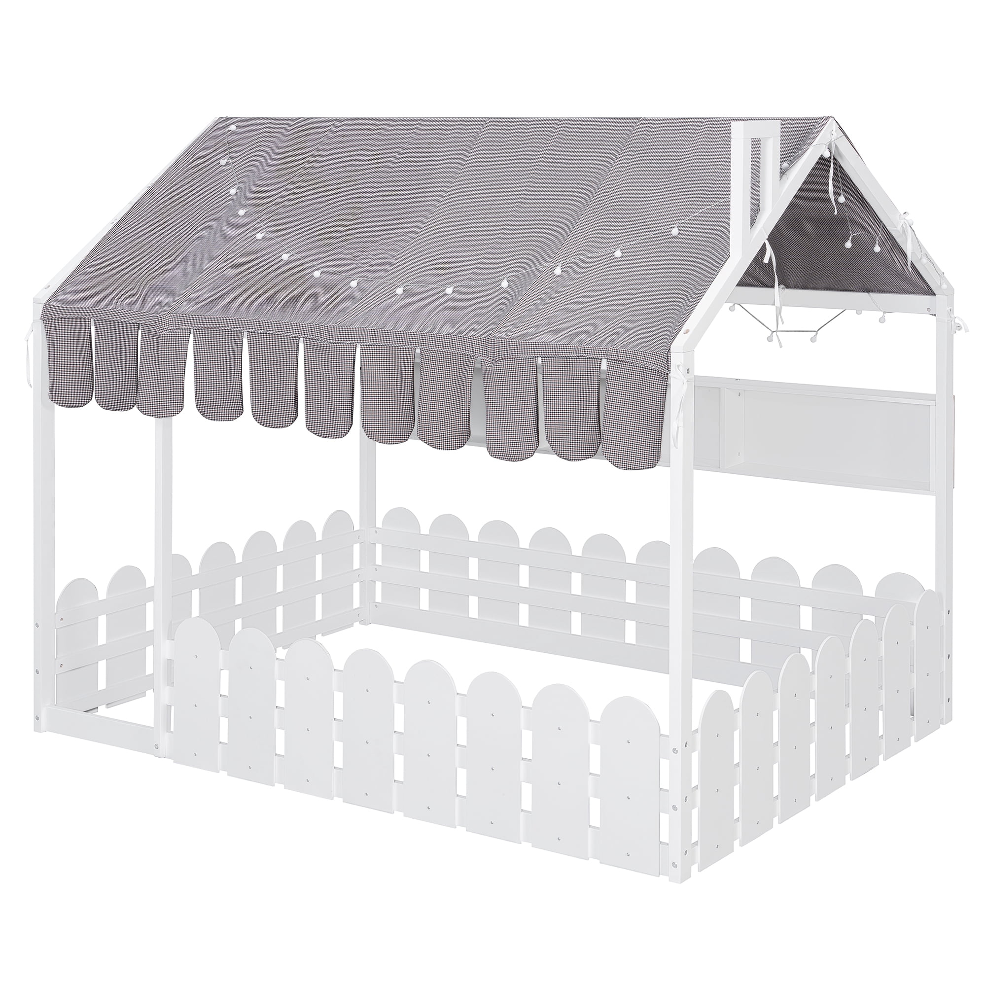 Sailvan Full Size Montessori House Bed for Kids, Floor Bed with Fence Railings, Slats not included