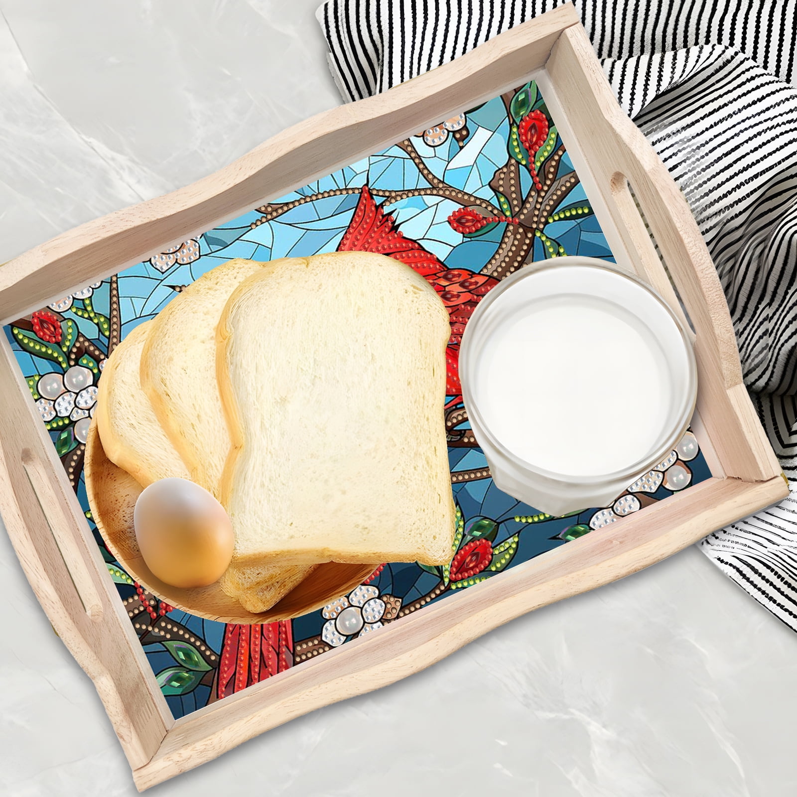 FLOPESN DIY Diamond Art Painting Handmade Wooden Tray,Creative Design Serving Dinner Plate for Coffee Living Room Home Organizer-Cardinal