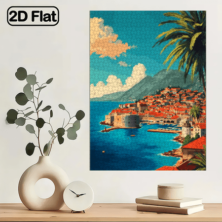 1000pcs Jigsaw Puzzle - Croatia's Dubrovnik Coast with Red-Roofed Buildings, Palm Trees Adriatic Sea Challenging Brain Teaser Families Travel-Themed Gift. 29.4*19.6in