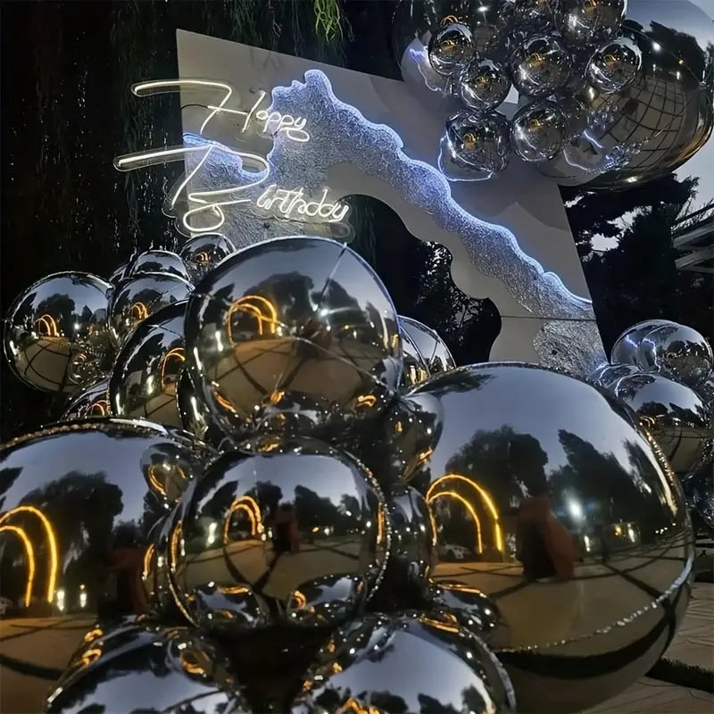 18pcs Silver Mirror Ball Balloon Set - Metallic Reflective Party Decorations with 18 Sizes, Mixed Colors, Perfect for Weddings, Birthdays, Christmas