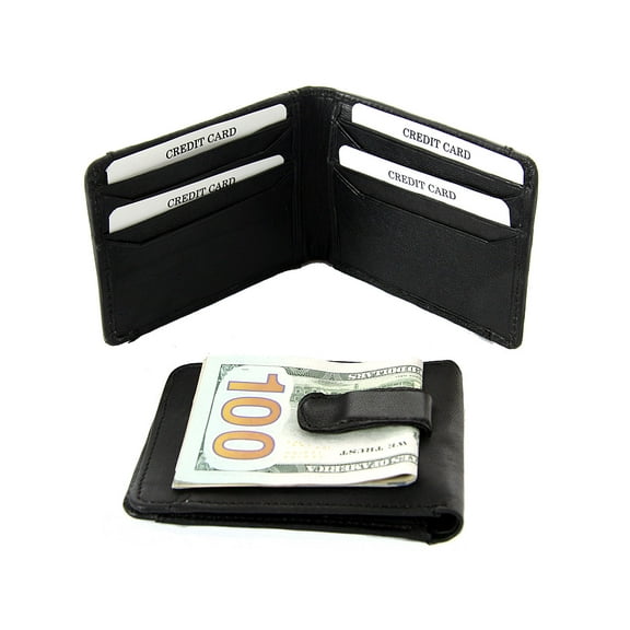 Men's Leather Money Clip Slim Design Credit Card Id Holder Black Wallet 4.25 x 3.25 inches