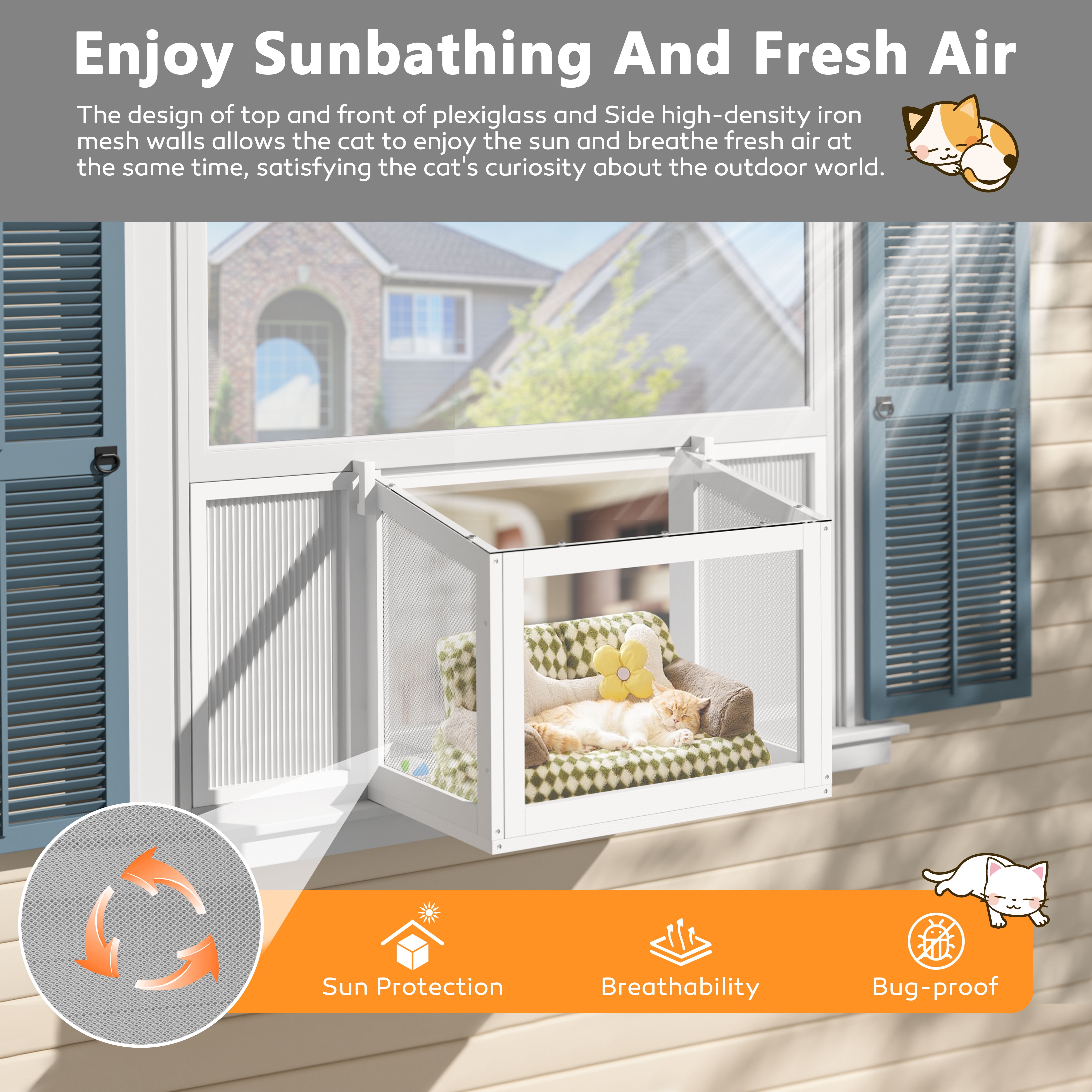 VEIKOUS Wooden Wall-Mounted Outdoor Cat Window House with Clear Plexiglass, Fits 26"-42" Window, White