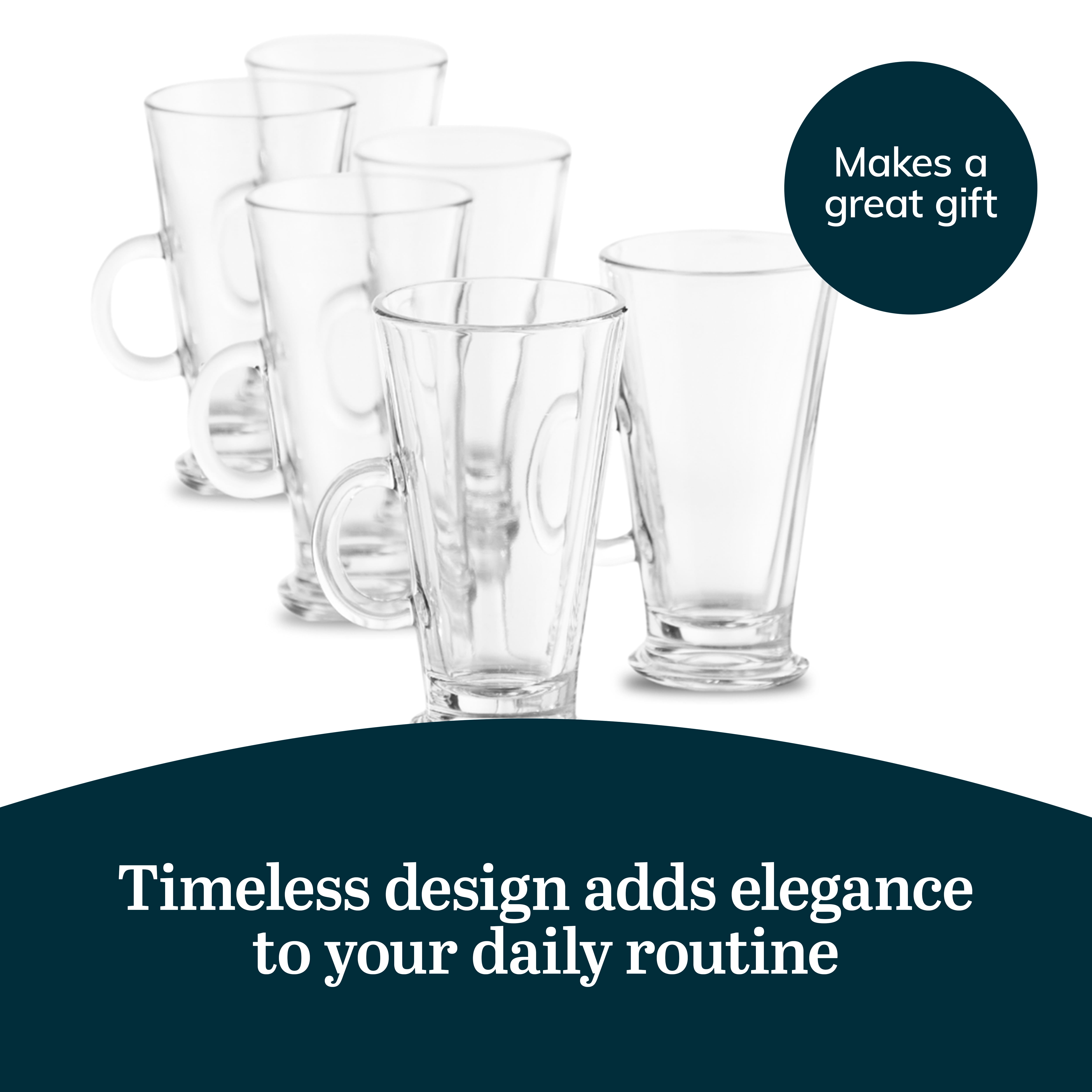 Libbey Catalina Irish Coffee Mugs Set of 6, Timeless Raised Edge Glass Cappuccino Cups, 9 oz Elegant Clear Espresso Mugs for Coffee, Shakes and More