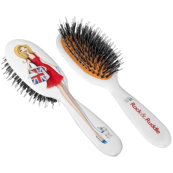 Rock & Ruddle Cepillo de pelo natural con cerdas de jabalí mixtas para mujeres y niños (tamaño pequeño/de viaje 17,5 cm) - Perfecto para cabello húmedo o seco, desenredar, alisar y secar con secador -