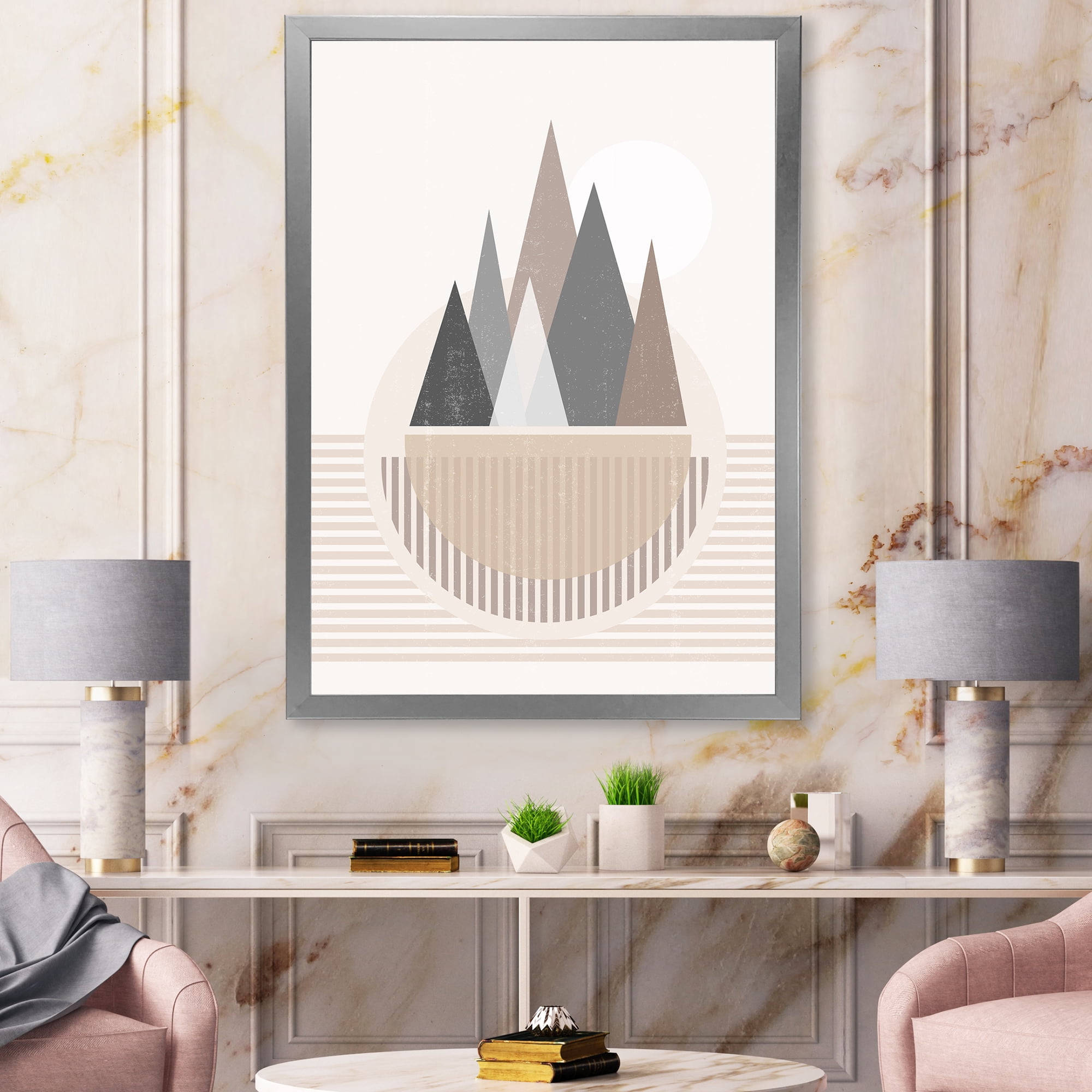 Designart 'Abstract Moon and Sun In Mountains III' Modern Framed Art Print
