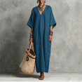 thumbnail image 3 of Levmjia Women's V Neck Dress Short Sleeve Solid Color Casual A Line Dress with Side Buttons Cotton Linen Blend Pockets Beach Vacation Daily Wear, 3 of 4