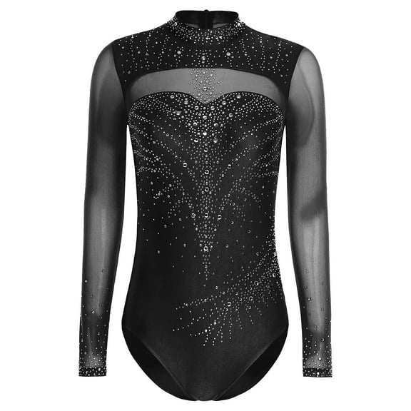 Zaldita Women Rhinestone Gymnastics Leotards Ballet Dance Leotard Long Sleeve Figure Skating Bodysuit Black M
