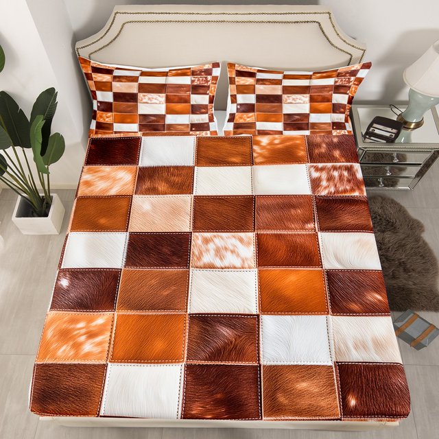 Erosebridal Brown Cow Print Fitted Sheet Set Twin, Cowhide Patchwork Bedding Twin Size, Rustic Farmhouse Decor 2-Piece (No Top Sheet)