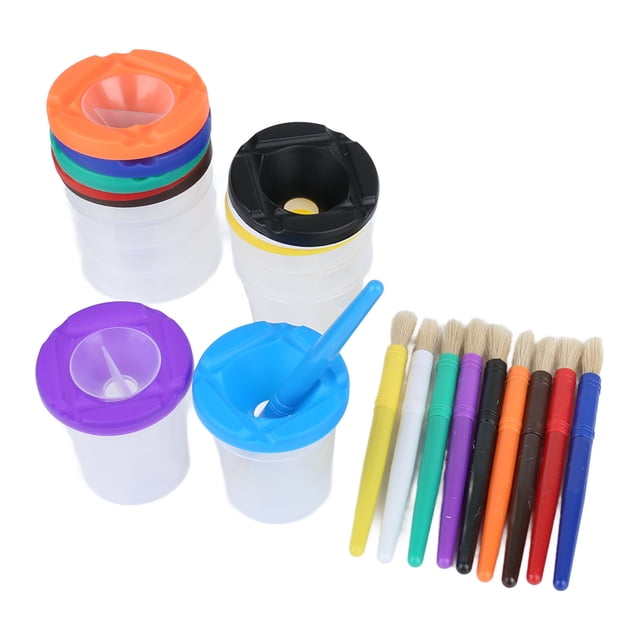Juego de 10 vasos de pintura a prueba de derrames para niños con pinceles, suministros de arte para preescolar.