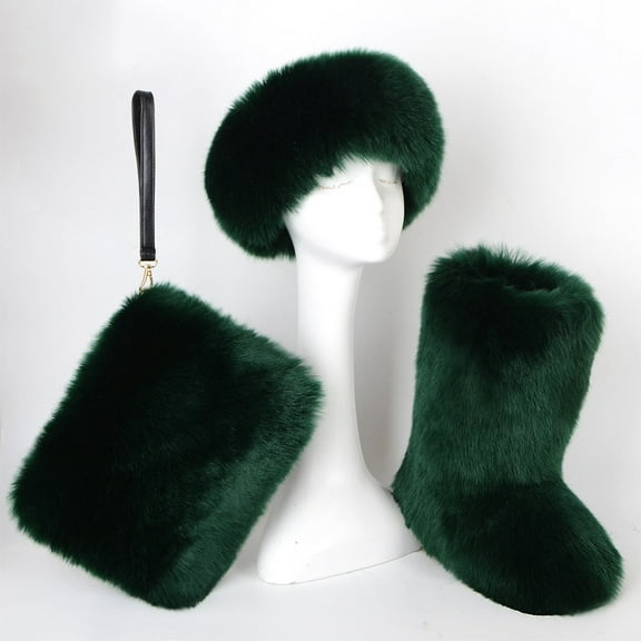 Women's Winter Warm Plush Headband, Handbag, Snow Boots and Fur Three Piece Set with Fleece Imitation Fur Mid Top Boots