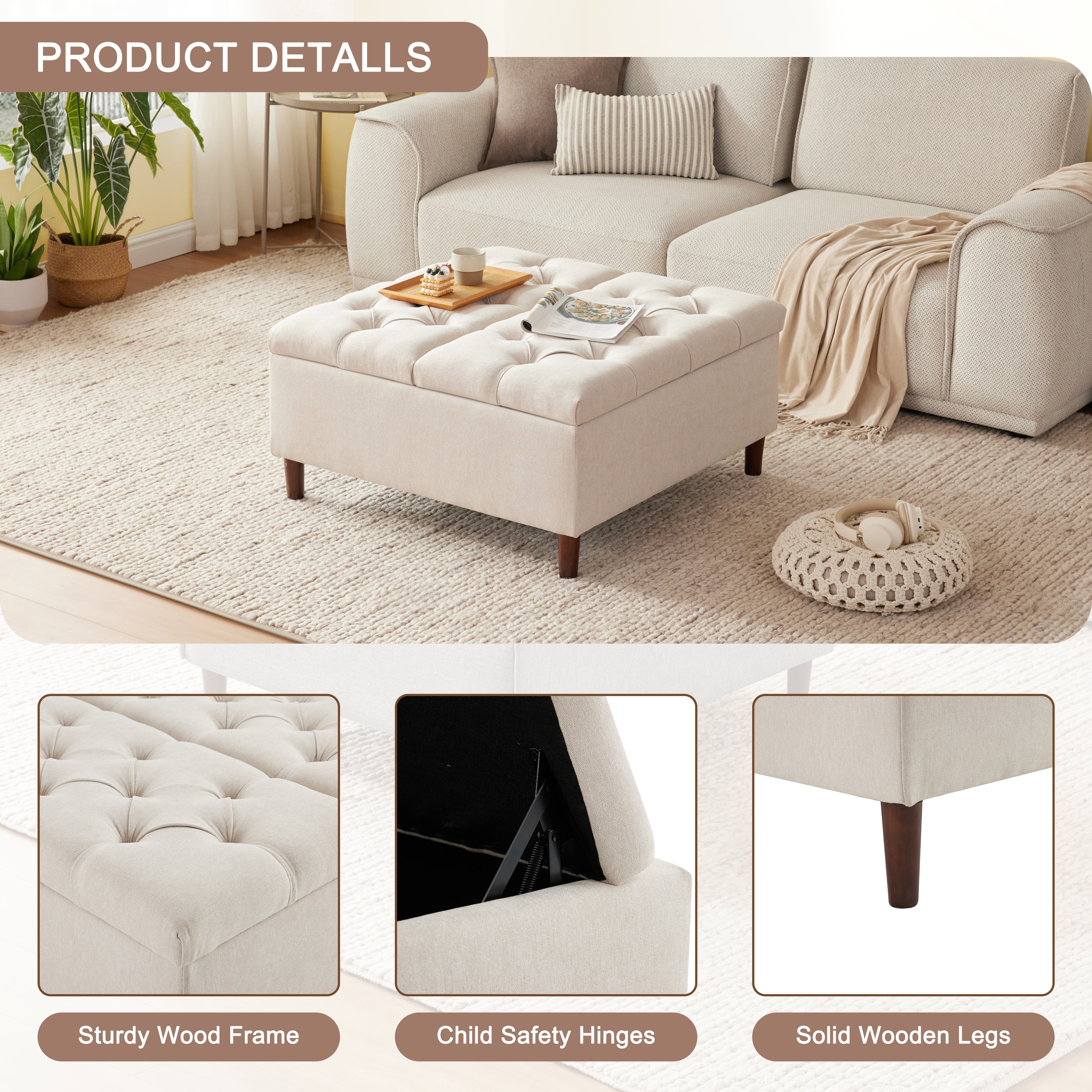 WETURE 35" Tufted Ottoman Coffee Table with Storage, Beige