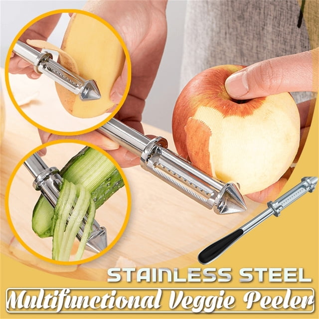 Pelador y Rallador Multifuncional 3 en 1 para Frutas y Verduras, Rascador de Piel de Doble Hoja Giratorio de Acero Inoxidable con Mango Ergonómico Antideslizante, Negro, 7.3 pulgadas.