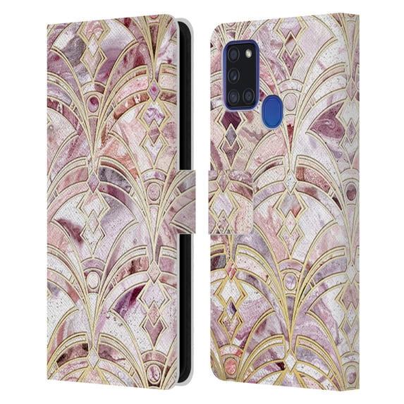 Micklyn Le Feuvre Marble Patterns Dusty Rose And Coral Art Deco Marbling Pattern Leather Book Wallet Case Cover Compatible with Samsung Galaxy A21s (2020)