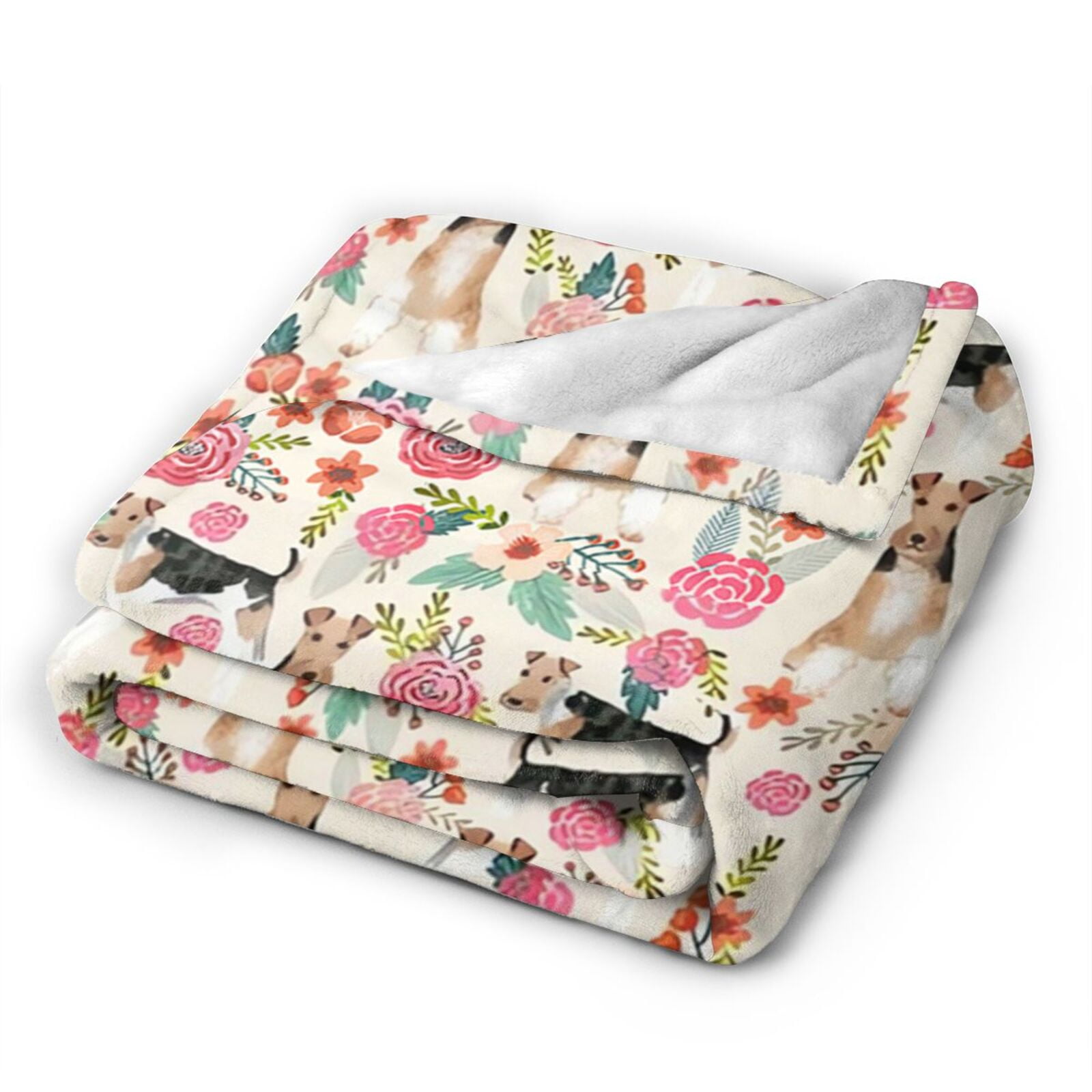 Wijzvio Wire Fox Terrier Dogs Lovers Flower Floral Throw Blanket Soft Fuzzy Fleece Blanket For Couch Bed Living Room Decoration 60"X50"