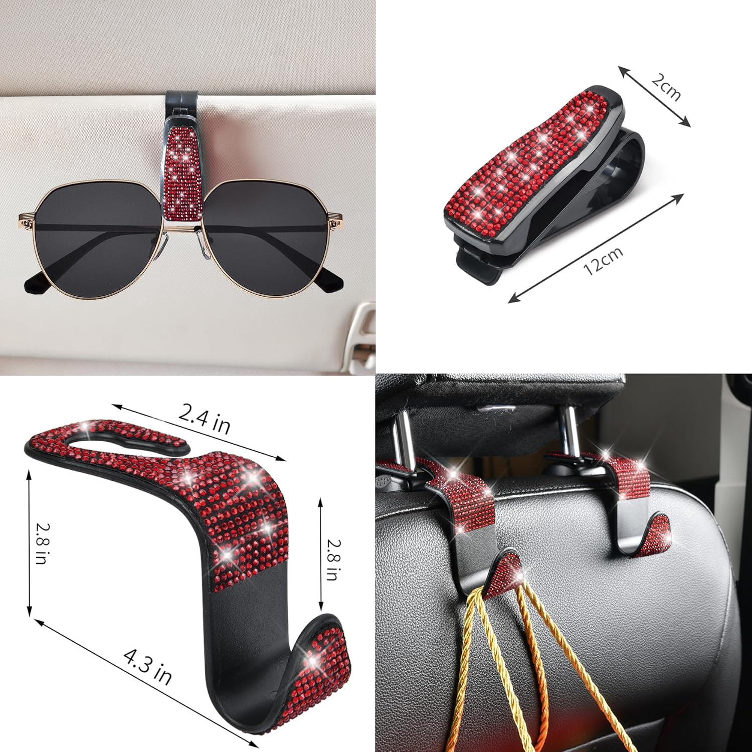 GUANGHUI 11 PCS Bling Car Accessories, Sparkly Rhinestone Diamond Steering Wheel Cover, Bling Seat Belt Cushion, Glitter Shift Knob Cover, Car Cup Holder Coaster, Cute Interior Sets Red