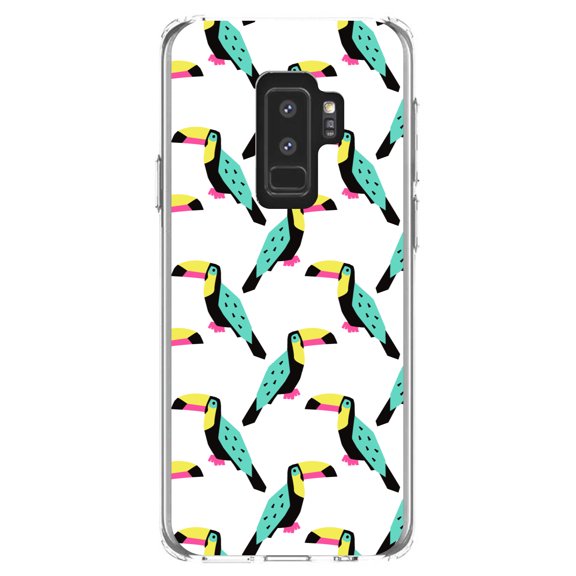 DistinctInk Clear Shockproof Hybrid Case for Samsung Galaxy S9  PLUS (6.2" Screen) - TPU Bumper, Acrylic Back, Tempered Glass Screen Protector - Summer Graphics - Toucan Pattern - Teal