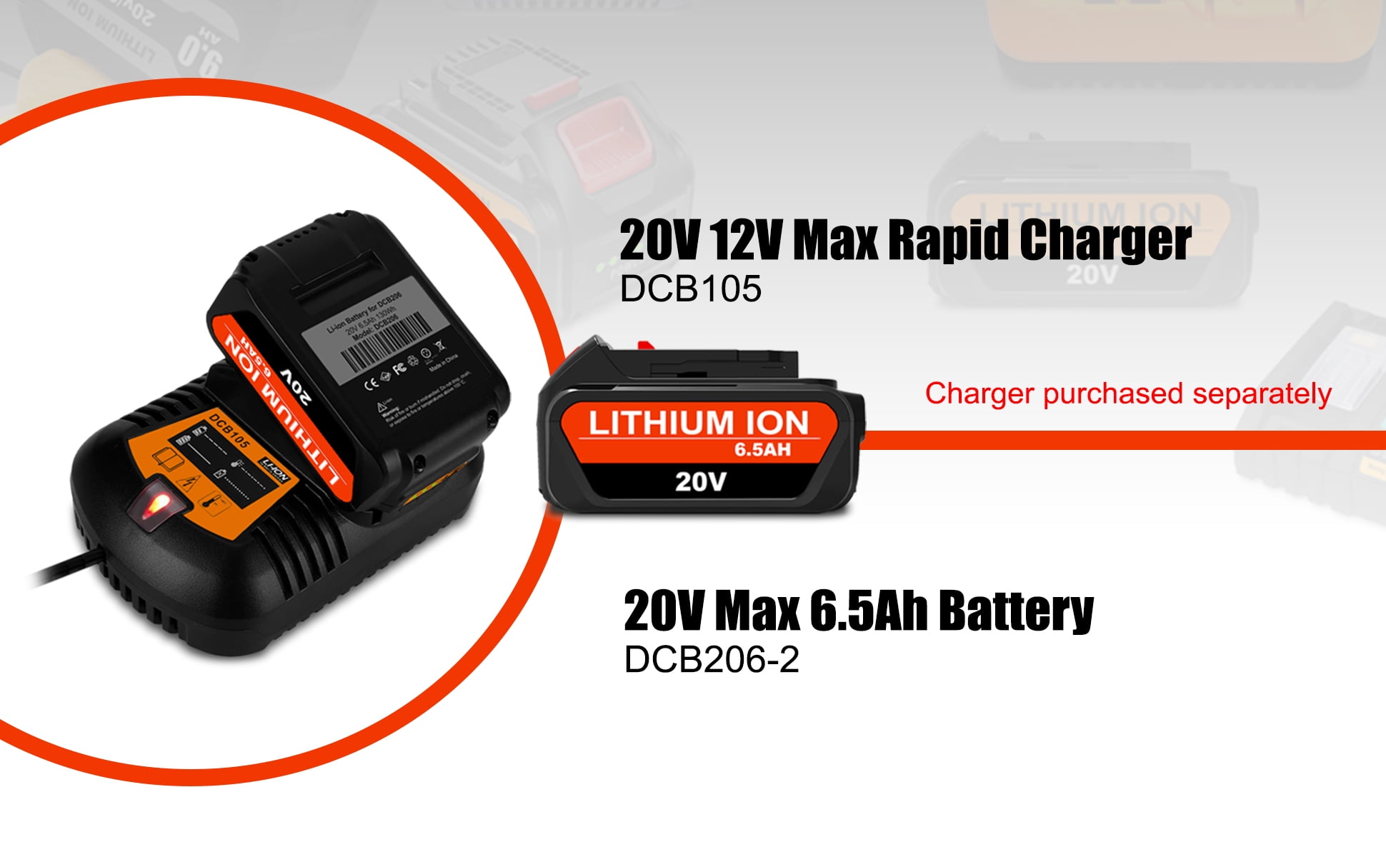 2 Pack 20V Max 6.5Ah High Capacity Battery DCB205-2 for DEWALT 20V Max XR Battery 6.0Ah DCB206-2 5.0Ah DCB205-2 4.0Ah DCB204-2 DCB200-2 20V Max XR Lithium Battery