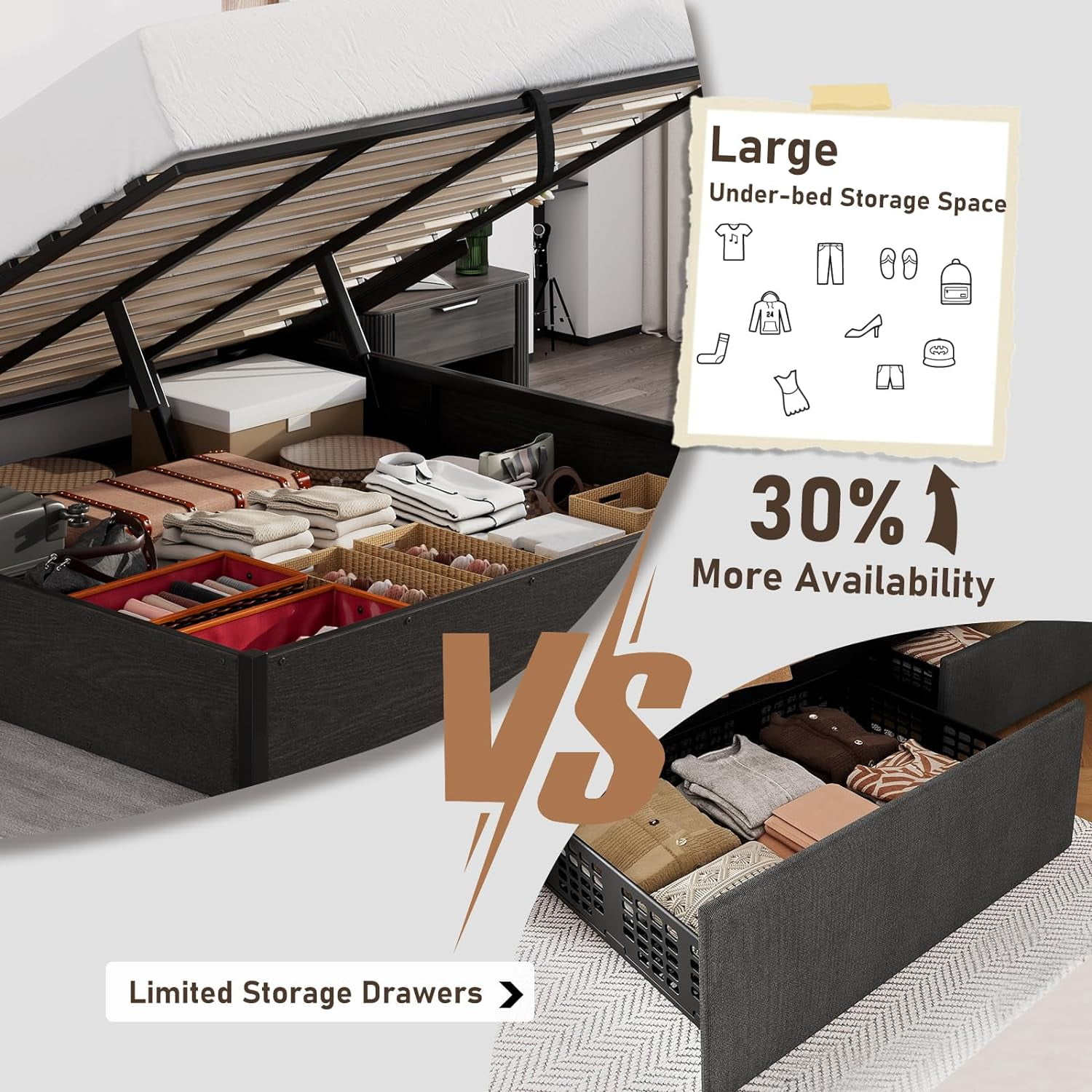 VanAcc Queen Size Lift Up Storage Platform Bed Frame, Metal Bed Frame with Wooden Slats Support, Large Storage Space, Noise Free, Easy Assembly, Black