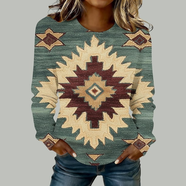 TaTaai Ladies Retro Western Print Round Neck Long Sleeve Sweatshirt Fashion Casual Regular Shoulder Loose Top Soft for Daily Party Work Vacation Gift