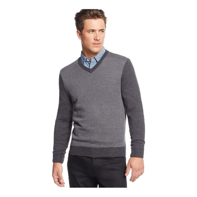 Club Room Mens Merino Wool Herringbone Pullover Sweater, Gris, LT